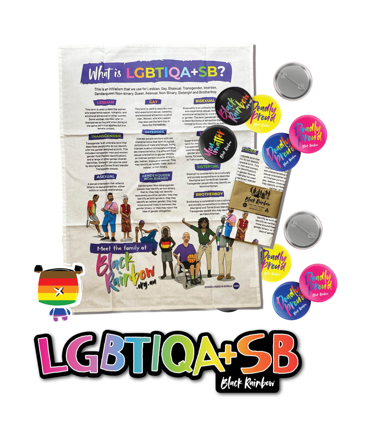Black Rainbow's What is LGBTIQA+SB? Tea Towel + Badges